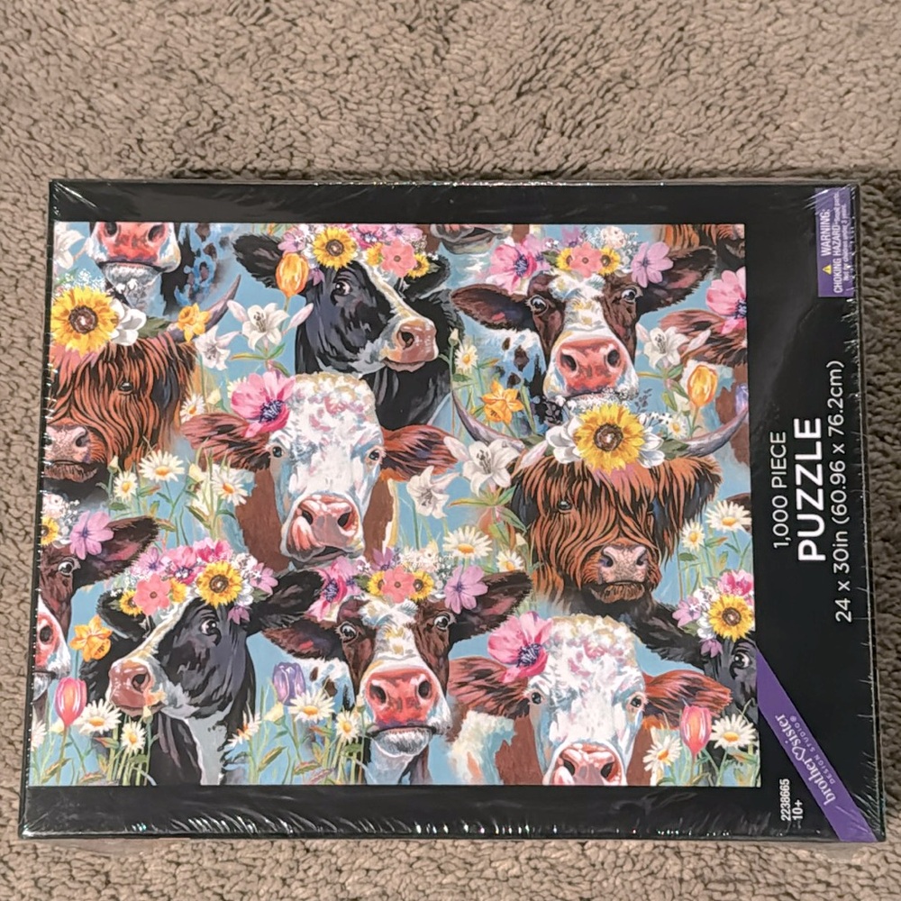New, 1000 piece floral cow puzzle